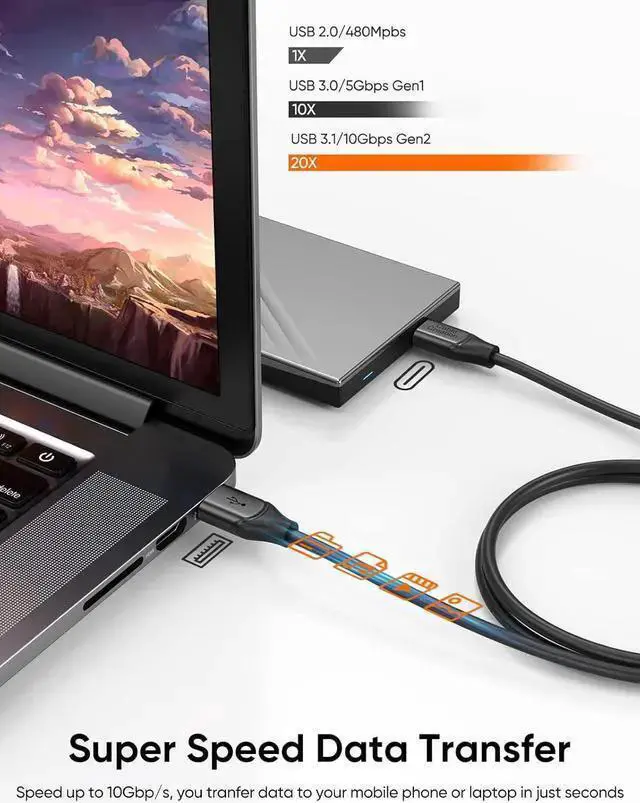 Alt view image 4 of 7 - USB Cable WISDUM 2-Pack USB C to USB A Cable 3.3FT, USB C to USB 3.2 Gen2 10Gbps USB A to C Data Cable, Android Auto USB C Cable 3A for USB C External SSD Pro , 16/15, Pixel, 1.0m Gray