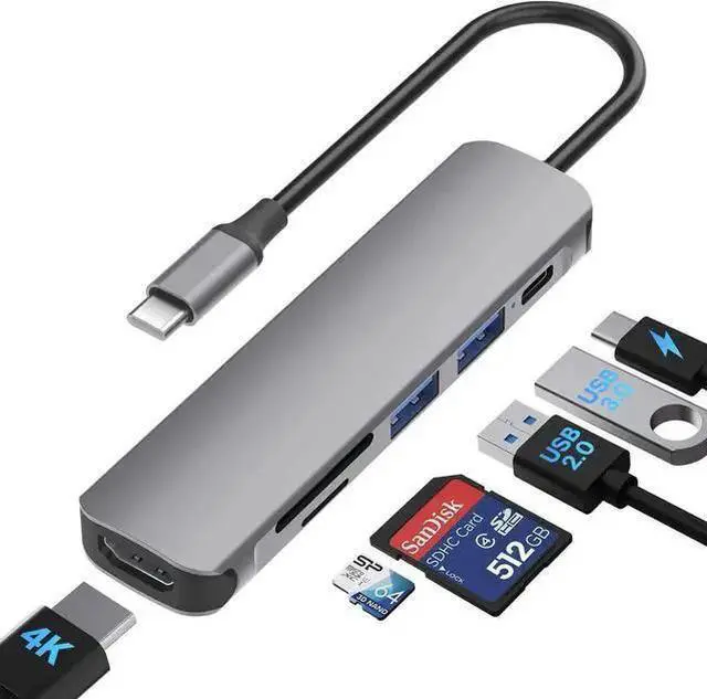 Main image of Gadget WISDUM 6 in 1 USB C to HDMI Adapter 4K@30Hz with 100W PD Charging, USB 3.0, USB 2.0, SD/TF Card Reader Compatible with Mac M1, M2, M3, , 15 Pro/Pro Max, More Type C Devices