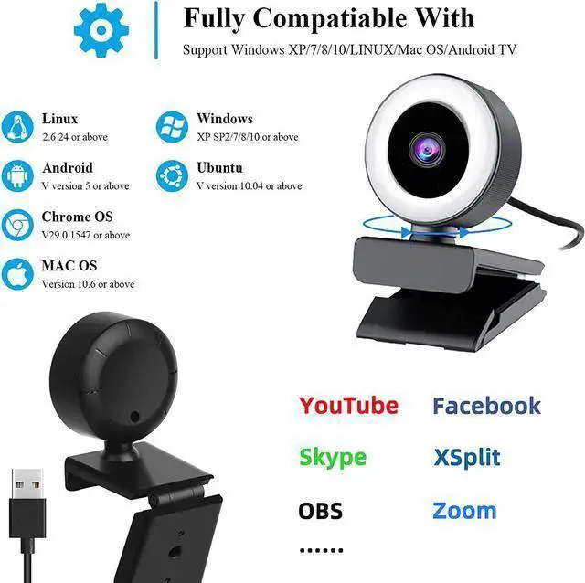 Alt view image 6 of 7 - WISDUM Aibesy 1080P Full HD Webcam AF Web Camera Built in Adjustable Ring Light Auto Focus Microphone USB Computer Camera Plug and Play for PC Desktop Laptop Video Calling Conferencing Live