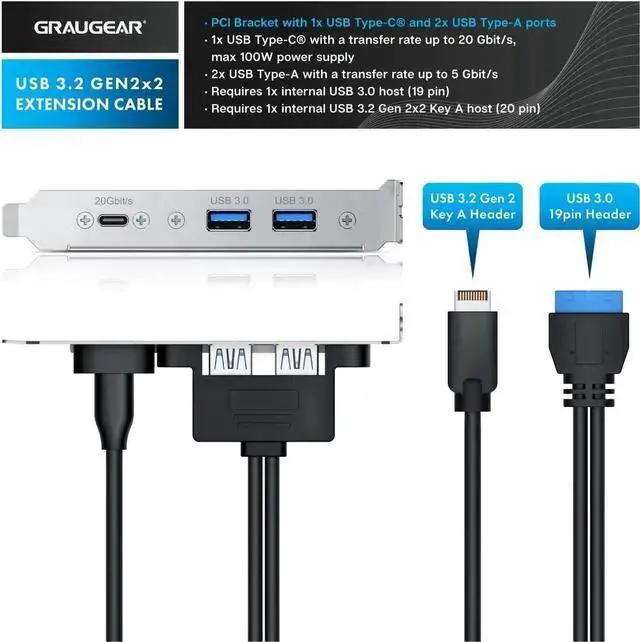 Alt view image 2 of 7 - USB Cable WISDUM 20Gbps USB3.2 Gen2x2 USB-C Front Panel Adapter, Motherboard Header Extension Cable, USB-C and USB to USB3.2 Type-E Key-A 20-Pin and 19-Pin USB3.0 Connectors with PCIe Bracket