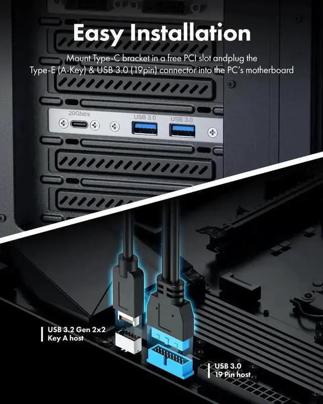 Alt view image 3 of 7 - USB Cable WISDUM 20Gbps USB3.2 Gen2x2 USB-C Front Panel Adapter, Motherboard Header Extension Cable, USB-C and USB to USB3.2 Type-E Key-A 20-Pin and 19-Pin USB3.0 Connectors with PCIe Bracket