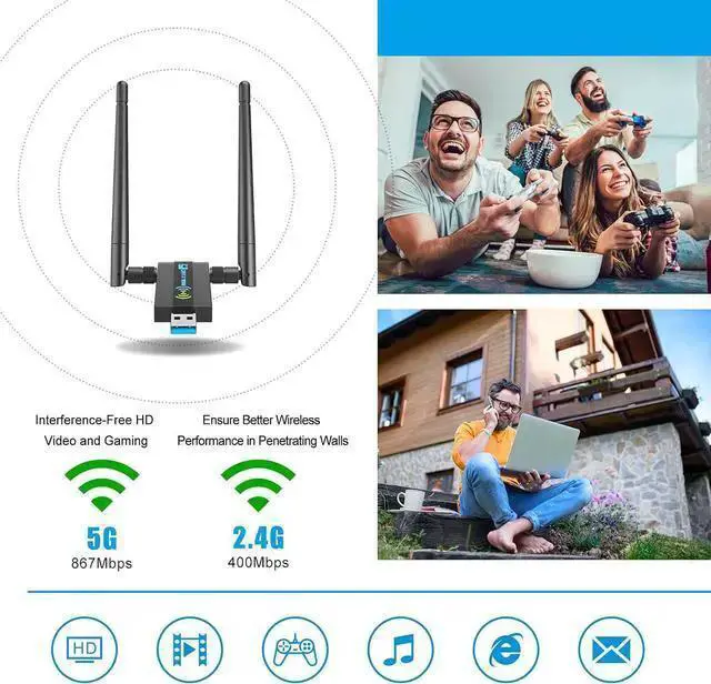 Alt view image 4 of 6 - WISDUM Wireless USB WiFi Adapter for PC: 1300Mbps WiFi USB, 802.11AC WiFi Adapter for Desktop PC, Dual Band WiFi Dongle Wireless Adapter for WIN7 8 10 11 XP MAC Linux, USB Computer Network Adapters