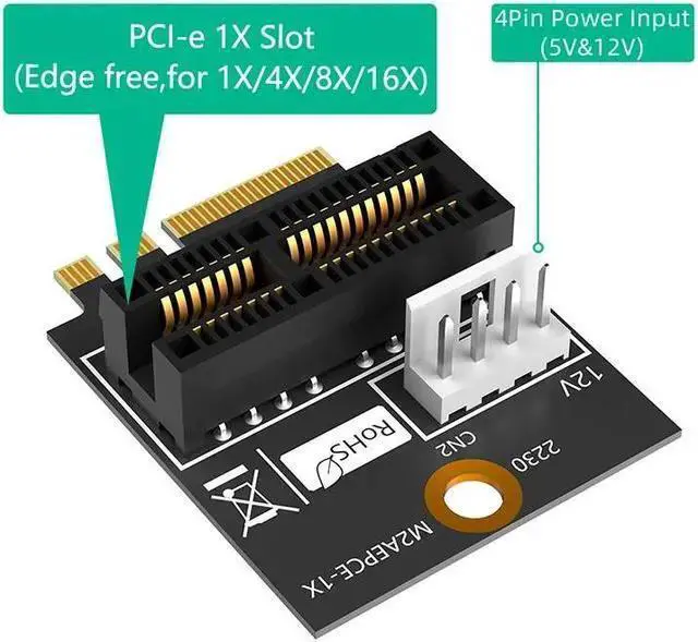 Alt view image 3 of 6 - WISDUM 2230 M.2 Key A+E to PCIE X1 Adapter Card PCI Express PCI-E 1X Slot to M2 NGFF Key A/A+E/E Converter Riser Card 4Pin Power Supply