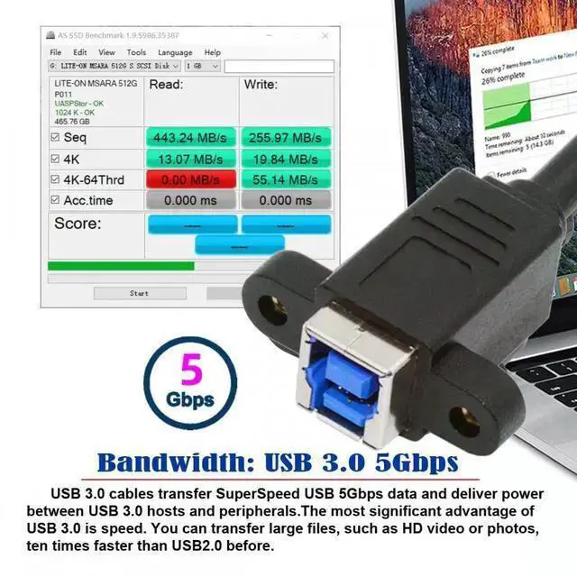 Alt view image 5 of 5 - USB Cable WISDUM USB 3.0 Type-B Female to USB3.0 Type-C Male Cable Extension 5Gbps for Disk SSD Camera Data 30cm
