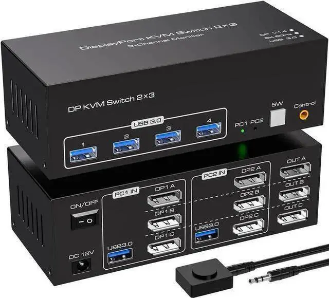 Main image of USB Cable WISDUM USB 3.0 Displayport KVM Switch Triple Monitor, 8K@60Hz 2K@120Hz USB DP Extended Display Switcher for 2 Computers 3 Monitors and 4 USB 3.0 Ports, EDID Support Extended & Duplicate Mode
