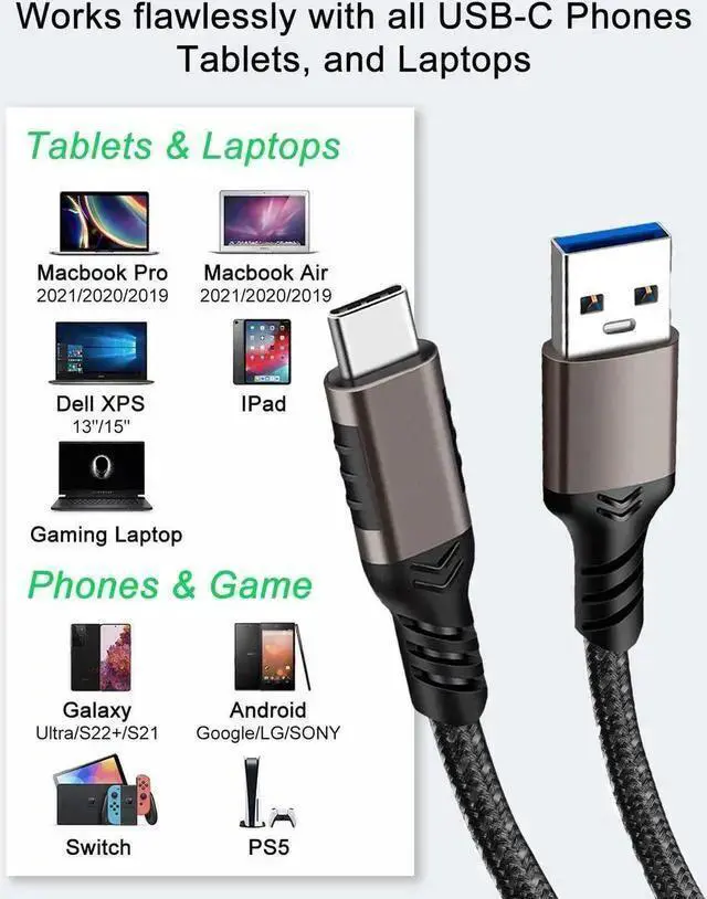 Alt view image 7 of 7 - USB Cable WISDUM USB-C to USB-A 10 Gbps USB 3.2 Gen 2 Data Power Braided Cable | 1 Meter 3.3 ft | 60W Fast Charging with Quick Data Transfers 2 Pack