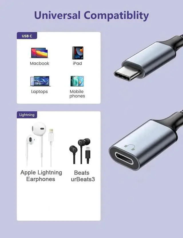 Alt view image 2 of 7 - WISDUM USB C to Lightning Audio Adapter Cable USB Type C Male to Lightning HiFi Audio Female Headphones Converter Fit with 15 Pro/Air Galaxy S23 S22 Pixel 7 6 (Not for Charge&Data)