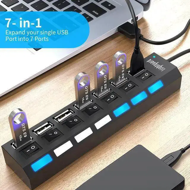 Alt view image 3 of 7 - WISDUM Multi Port USB Splitter, 7 in 1 USB Port 2.0 Hub with High Speed Individual ON/Off Switches and LEDs USB Port Expander (7-Port USB)