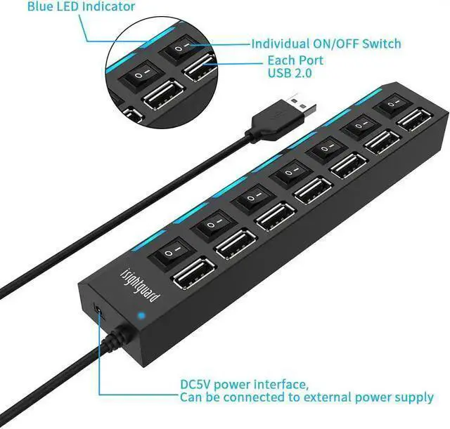 Alt view image 5 of 7 - WISDUM Multi Port USB Splitter, 7 in 1 USB Port 2.0 Hub with High Speed Individual ON/Off Switches and LEDs USB Port Expander (7-Port USB)