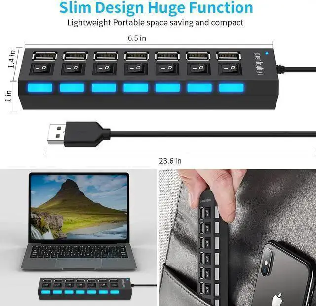 Alt view image 4 of 7 - WISDUM Multi Port USB Splitter, 7 in 1 USB Port 2.0 Hub with High Speed Individual ON/Off Switches and LEDs USB Port Expander (7-Port USB)