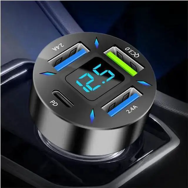 Main image of WISDUM 4 Ports USB Car Charger USB Adapter with Voltmeter Type C Port PD 3.1/QC 3.0 Super Fast Charging Car Cigarette Lighter Plug for 14 13 12 S22 S21 S20 Pro& More Mobil Phone (Black)