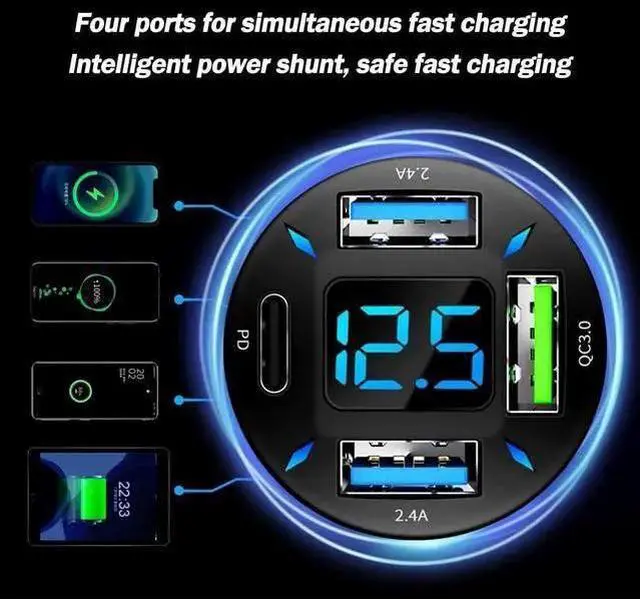 Alt view image 4 of 7 - WISDUM 4 Ports USB Car Charger USB Adapter with Voltmeter Type C Port PD 3.1/QC 3.0 Super Fast Charging Car Cigarette Lighter Plug for 14 13 12 S22 S21 S20 Pro& More Mobil Phone (Black)
