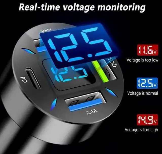 Alt view image 7 of 7 - WISDUM 4 Ports USB Car Charger USB Adapter with Voltmeter Type C Port PD 3.1/QC 3.0 Super Fast Charging Car Cigarette Lighter Plug for 14 13 12 S22 S21 S20 Pro& More Mobil Phone (Black)