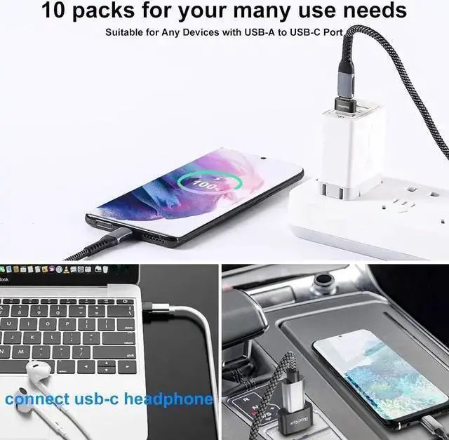 Alt view image 5 of 7 - WISDUM USB to USB C Adapter 10 Pack USB to USBC Adapter USB to USBC-C Adapter USB C Adapter USB A to USB C Adapter USB to USB C Converter for 15/14/13 Pro Air AirPods and More Black+Grey