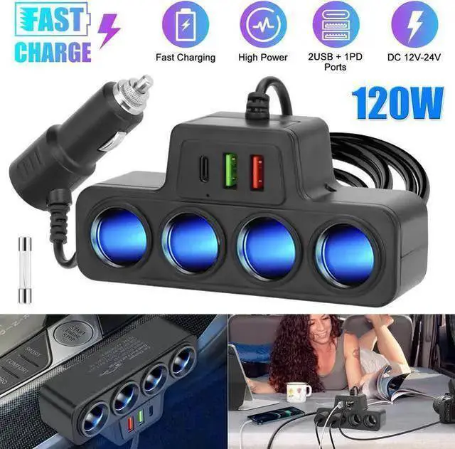 Main image of WISDUM 7-in-1 120W High Power Fast Charging Car Charger Adapter with 4-Way Splitter and Triple USB Ports for 12V/24V Vehicles (Black)