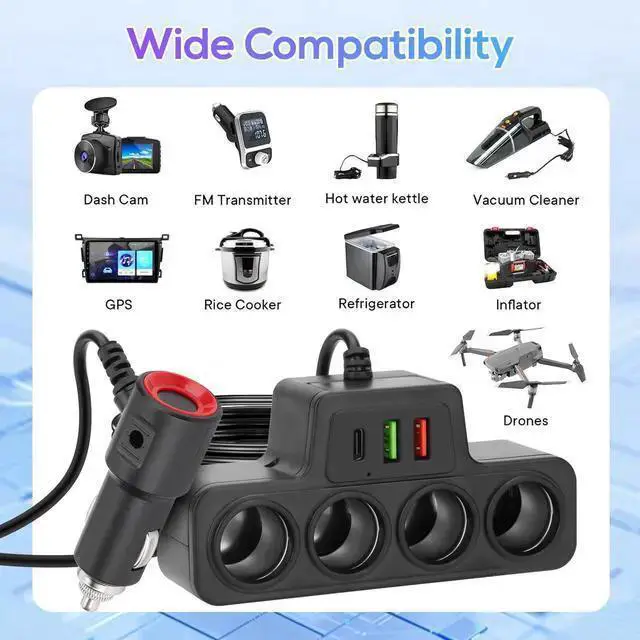 Alt view image 3 of 7 - WISDUM 7-in-1 120W High Power Fast Charging Car Charger Adapter with 4-Way Splitter and Triple USB Ports for 12V/24V Vehicles (Black)