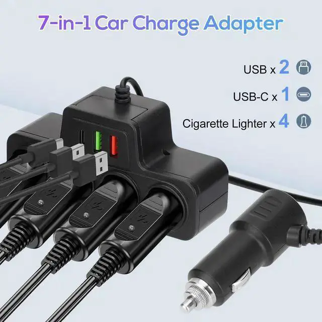 Alt view image 6 of 7 - WISDUM 7-in-1 120W High Power Fast Charging Car Charger Adapter with 4-Way Splitter and Triple USB Ports for 12V/24V Vehicles (Black)
