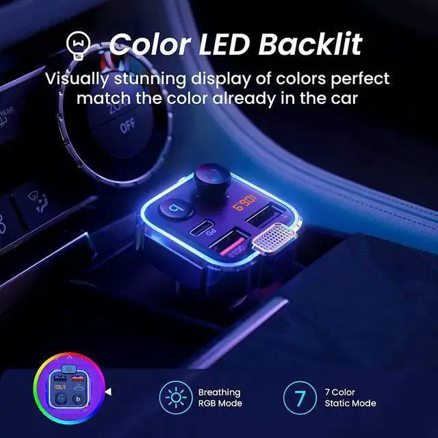 Alt view image 5 of 7 - WISDUM 2023 Upgraded Bluetooth FM Transmitter for Car Adapter, Stronger Microphone & Bass Sound Bluetooth Radio Transmitter Car Adapter, Support 42W PD+QC3.0, 7 Colors LED Backlit, Wireless Call