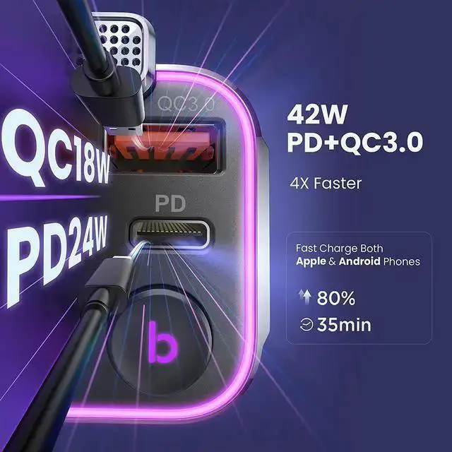 Alt view image 6 of 7 - WISDUM 2023 Upgraded Bluetooth FM Transmitter for Car Adapter, Stronger Microphone & Bass Sound Bluetooth Radio Transmitter Car Adapter, Support 42W PD+QC3.0, 7 Colors LED Backlit, Wireless Call