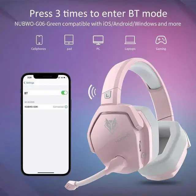 Alt view image 2 of 6 - WISDUM G06 Wireless Gaming Headset with Microphone for PS5, PS4, PC, Mac, 3-in-1 Gamer Headphones wit Mic, 2.4GHz Wireless for PS Console, Bluetooth Mode for Switch, Wired Mode for Controller Pink
