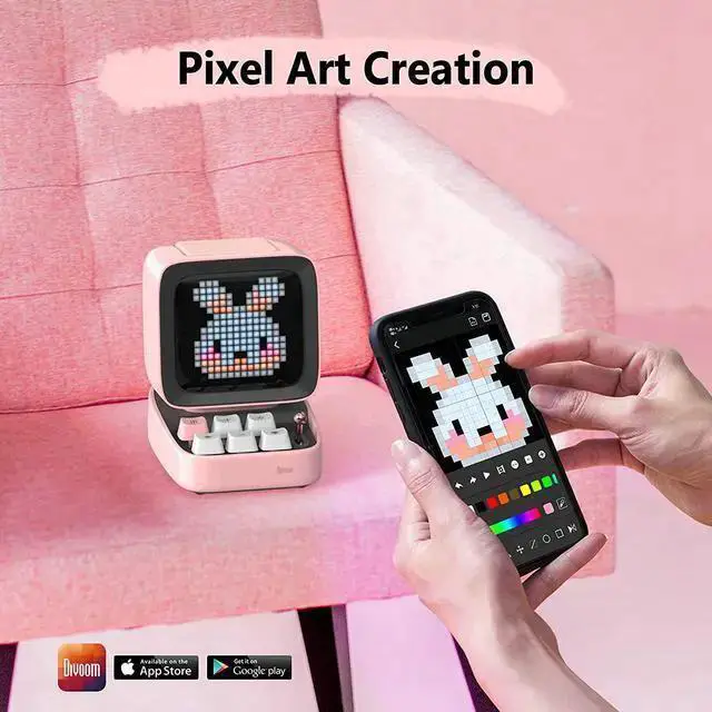 Alt view image 4 of 7 - WISDUM Divoom Ditoo Retro Pixel Art Game Bluetooth Speaker with 16X16 LED App Controlled Front Screen (Pink)