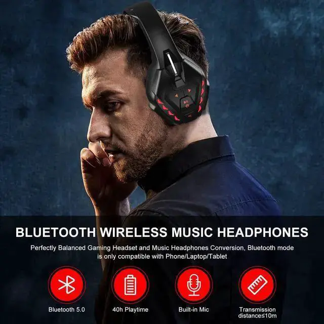 Alt view image 5 of 7 - WISDUM PHOINIKAS Gaming Headset for one, PS5, PC, PS4 Headset with 7.1 Stereo Sound, Bluetooth Wireless Headset for Phone, Over Ear Headphones with Noise Cancelling Detachable Mic, Bluetooth Up to 40h