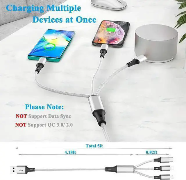 Alt view image 2 of 6 - WISDUM Multi Charging Cable (2Pack 5FT) Multi USB Charger Cable Aluminum Nylon 3 in 1 Universal Multiple Charging Cord with Type-C/Micro USB Connectors for Most Phones & Tablets (Charging Only)