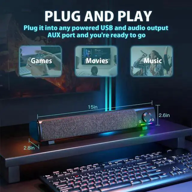 Alt view image 6 of 7 - WISDUM Computer Speakers, USB Powered 3.5mm AUX PC Sound Bar for Desktop Monitor, Gaming Speakers with Headphones & Microphone Link, Superb Stereo Sound, Plug-n-Play (Black)