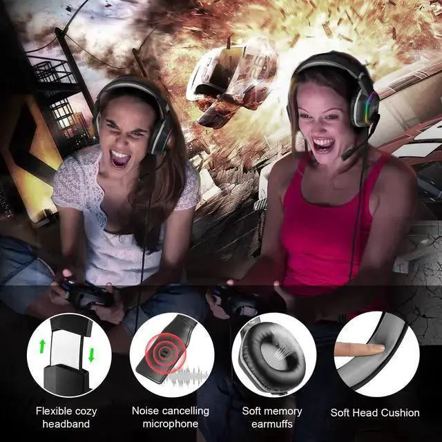 Alt view image 3 of 7 - WISDUM EKSA E1000 Gaming Headset 7.1 Virtual Surround Gaming Headphones Wired USB Earphone With LED RGB Light Mic For Computer/PC/PS4 Gray/Green