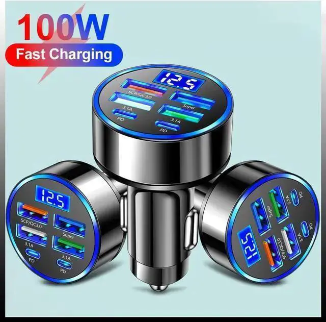 Alt view image 6 of 7 - WISDUM 6-in-1 Multi-Port Car Charger with Voltage Detection 2PD+3USB+QC3.0 Fast Charge Cigarette Lighter Plug Adapter Compatible with Android Pro and More