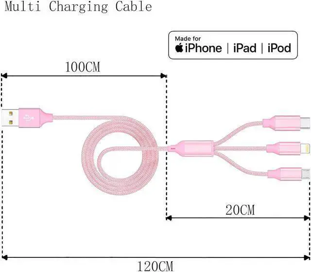 Alt view image 3 of 7 - WISDUM Multiple Charger Cable 3Pack 4FT Multi Charging Cable Rapid Nylon Braided Cord USB Charging Cable 3 in 1 Multi Phone Charger Cord with Type C Micro Lightning USB Connectors for Cell Phones Pink