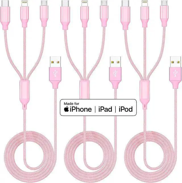 Alt view image 2 of 7 - WISDUM Multiple Charger Cable 3Pack 4FT Multi Charging Cable Rapid Nylon Braided Cord USB Charging Cable 3 in 1 Multi Phone Charger Cord with Type C Micro Lightning USB Connectors for Cell Phones Pink