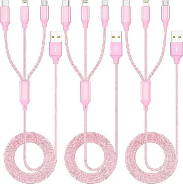 Main image of WISDUM Multiple Charger Cable 3Pack 4FT Multi Charging Cable Rapid Nylon Braided Cord USB Charging Cable 3 in 1 Multi Phone Charger Cord with Type C Micro Lightning USB Connectors for Cell Phones Pink