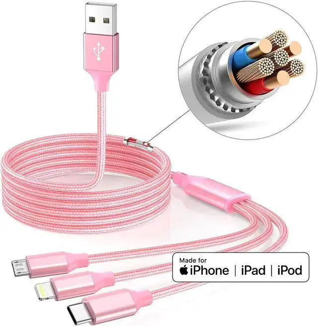 Alt view image 5 of 7 - WISDUM Multiple Charger Cable 3Pack 4FT Multi Charging Cable Rapid Nylon Braided Cord USB Charging Cable 3 in 1 Multi Phone Charger Cord with Type C Micro Lightning USB Connectors for Cell Phones Pink
