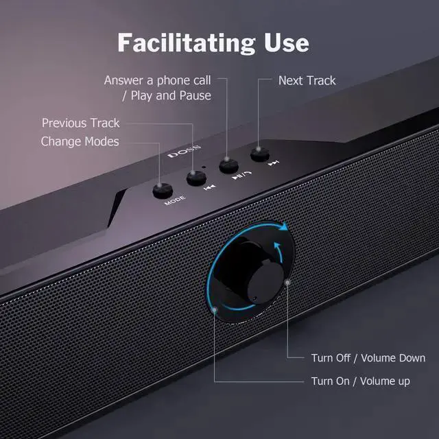 Alt view image 2 of 6 - WISDUM Computer Speaker, Sound bar with 16W Stereo Sound and Enhance Bass, 20 Hours Playtime, Bluetooth 5.0, Aux-in, USB Disk, and TF Card Input, PC Speaker for Desktop, Laptop, Tablets, Phone, Gaming
