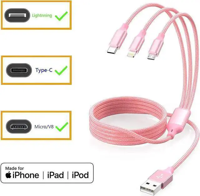 Alt view image 7 of 7 - WISDUM Multiple Charger Cable 3Pack 4FT Multi Charging Cable Rapid Nylon Braided Cord USB Charging Cable 3 in 1 Multi Phone Charger Cord with Type C Micro Lightning USB Connectors for Cell Phones Pink