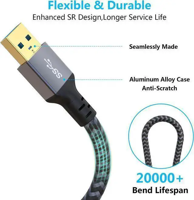 Alt view image 2 of 7 - WISDUM USB 3.0 Extension Cable 20 FT Long Nylon Braided USB Male to Female Cable Heavy Duty USB Extender