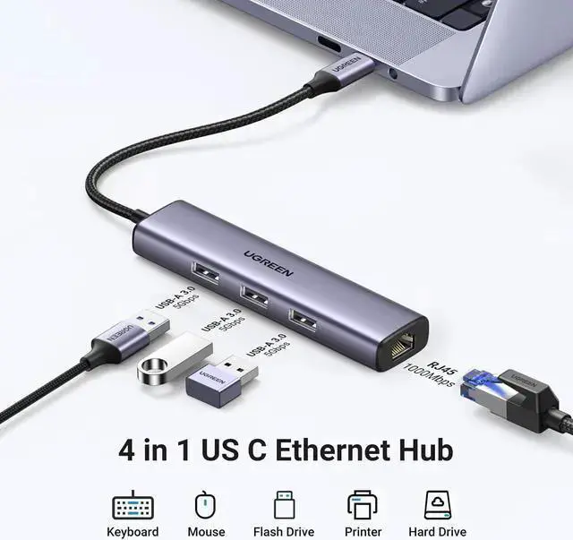 Alt view image 2 of 7 - WISDUM USB C to Ethernet Adapter, 4 in 1 USB C Hub Ethernet with 3 USB 3.0 Ports/Gigabit Rj45, Plug & Play, Thunderbolt (3/4) to Network Adapter for Pro/Air, XPS, Pro, 15 Pro/Max