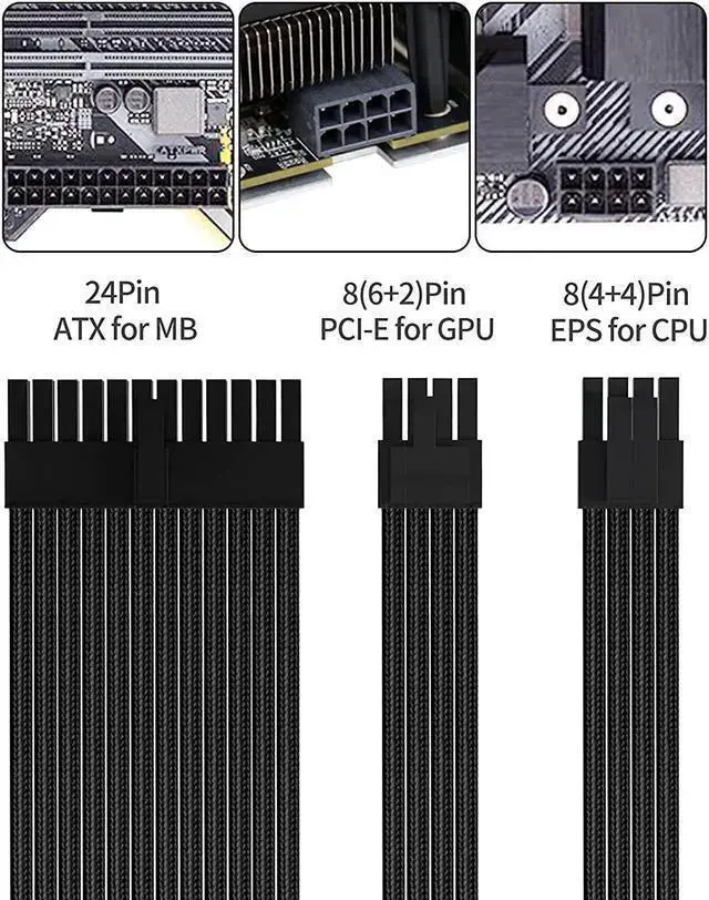 Alt view image 5 of 7 - WISDUM Black Sleeved Cable PSU Power Supply Cable Extension Kits 18AWG 24Pin ATX / 8 (4+4) Pin EPS/Dual 8 (6+2) Pin PCIE with Combs 30CM Black