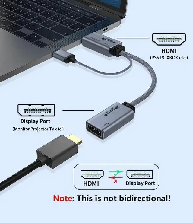Alt view image 2 of 7 - WISDUM HDMI to Displayport Adapter 4K@60Hz 2K@120Hz 1080P@165Hz HDMI Male Source to DisplayPort Female Monitor Cable HDMI to DP with USB Power Cable for PS5 Switch Laptop 20cm/0.65ft