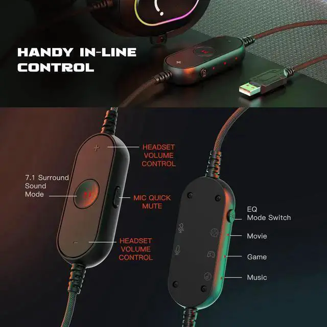 Alt view image 3 of 7 - WISDUM Gaming Headset for PC-Wired Headphones with Microphone-7.1 Surround Sound Computer USB Headset for Laptop, Streaming Headphones on PS4/PS5, with EQ Mode, RGB, Soft Ear Pads - AmpliGame H6