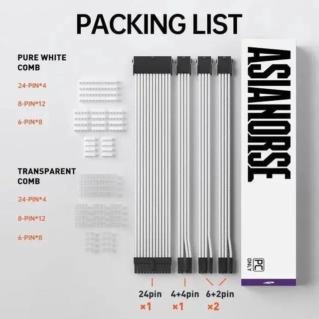 Alt view image 2 of 7 - WISDUM AsiaHorse 18AWG PSU Cable Extension Sleeved Custom Mod GPU PC Audio Video Power Supply Soft Braided Cables with Two Color Comb Kit 24P/8P to 6+2P/ 8P to 4+4P 30CM
