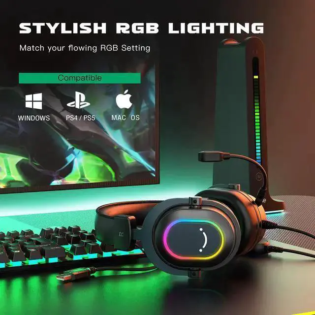 Alt view image 6 of 7 - WISDUM Gaming Headset for PC-Wired Headphones with Microphone-7.1 Surround Sound Computer USB Headset for Laptop, Streaming Headphones on PS4/PS5, with EQ Mode, RGB, Soft Ear Pads - AmpliGame H6