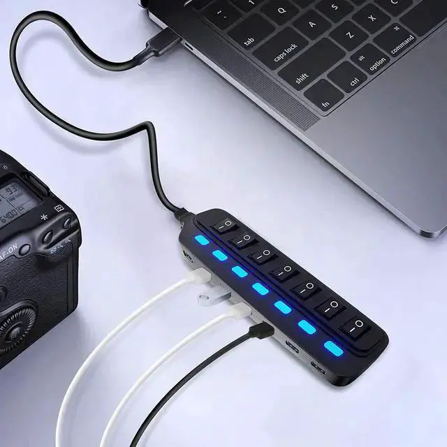 Alt view image 6 of 7 - WISDUM USB Hub 3.0 Splitter,7 Port USB Data Hub with Individual On/Off Switches and Lights for Laptop, PC, Computer, Mobile HDD, Flash Drive and More