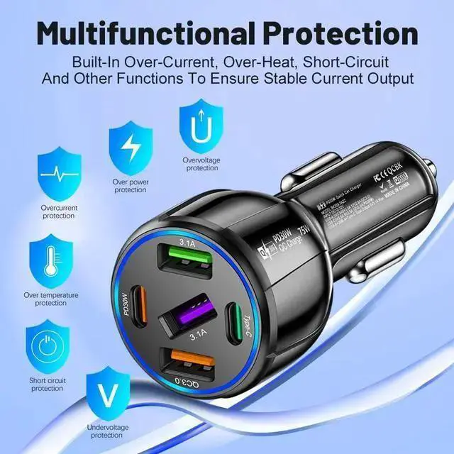Alt view image 5 of 7 - WISDUM 5 in 1 Car Charger Adapter,75W High Power Cigarette Lighter Adapter,QC3.0/PD Super Fast Charging Car Phone Charger Compatible with 14 13, Pro& More Mobil Phone (3USB/2PD Black)