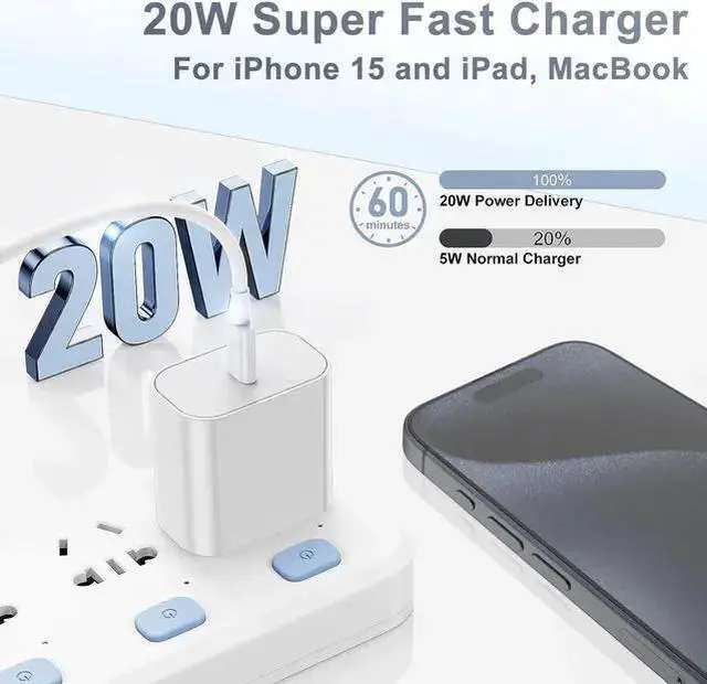 Alt view image 2 of 7 - WISDUM 15 Charger Block and 6ft Type C to C Cable Cord Long, 20W USB C Fast Charging Plug for 15 Plus/15 Pro Max, Pro 12.9/11 inch 4/3 th/Air/Mini 6 Gen,Wall Power Adapter Cube Brick