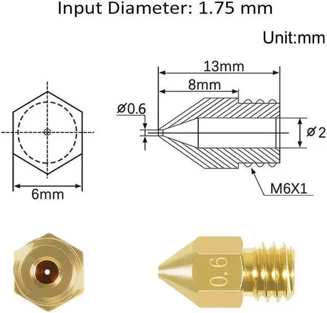 Alt view image 2 of 7 - WISDUM Aokin 8 Pcs 0.6mm MK8 Extruder Nozzles 3D Printer Nozzles for Creality Ender 3/3 Pro/3 V2, Ender 5/5 Pro, CR-10/10S, Makerbot, Anet A8 3D Printer