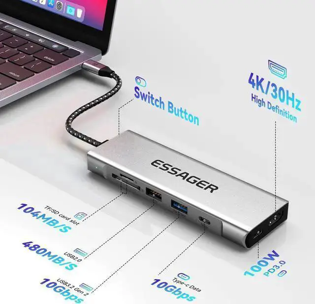 Alt view image 3 of 7 - WISDUM 8 in 1 USB C Hub with M.2 NVMe/SATA SSD Enclosure 10Gbps, 4K HDMI 1.4, USB 3.2 Gen2, PD100W, Aluminum Alloy USB C SSD Enclosure for M.2 NVMe SATA SSD for Mac Mini M1 2 3 4