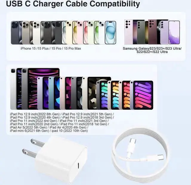 Alt view image 7 of 7 - WISDUM 15 Charger Block and 6ft Type C to C Cable Cord Long, 20W USB C Fast Charging Plug for 15 Plus/15 Pro Max, Pro 12.9/11 inch 4/3 th/Air/Mini 6 Gen,Wall Power Adapter Cube Brick