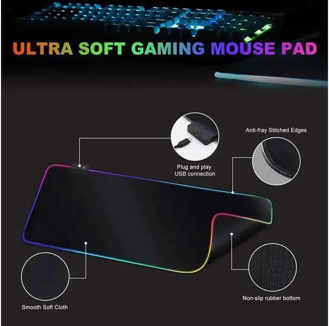 Alt view image 2 of 5 - WISDUM RGB Gaming Mouse Pad, Soft Oversized Glowing Extended LED Mousepad, Touch Control, Anti-Slip Rubber Base Computer Keyboard Mouse Mat, 31.5 x 11.8 Inch